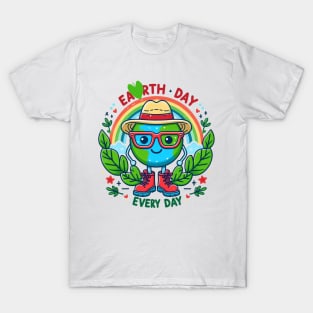 Earth Day Every Day Cute Earth Wearing Red Glasses and a Hat T-Shirt